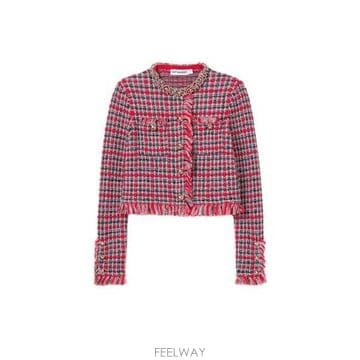 셀프 포트레이트 체크 프레이드 니트 자켓 AW26146JR RED B0172256224
