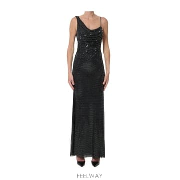 26FW Self portrait 블랙 rhinestones draped maxi 드레스 PF26041XB 