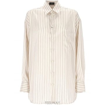 24FW Etro 오버사이즈 화이트 앤 베이지 Striped 실크 셔츠 WRIA002899TR150S8452
