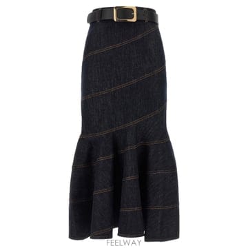 26FW Self portrait INDIGO 데님 BELTED MIDI 스커트 PF26810MSKBLBLU