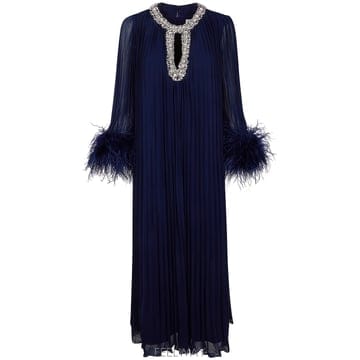 26SS Self portrait 네이비 Chiffon Feather Midi 드레스 RS26510MNAVY
