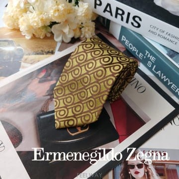 ERMENGILDO ZEGNA 에르메네질도 제냐 실크 브라운 골드 기하 자카드 넥타이 9cm A+등급G117