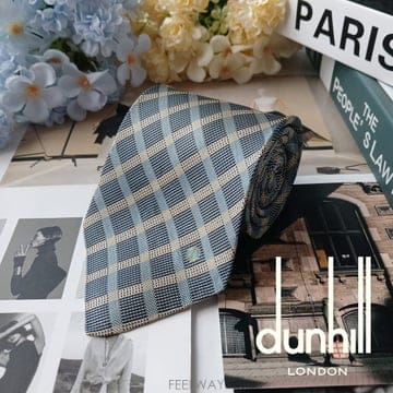 DUNHILL 던힐 실크 블루 체크 자수 로고 넥타이 9cm A+등급 e1658