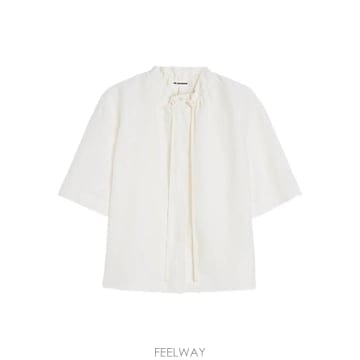 질샌더 드로스트링 칼라 반소매 블라우스