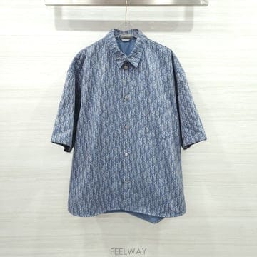 [럭스유] (새상품) 42 / 디올 오블리크 숏 슬리브 셔츠 블루 코튼 블렌드 593D593A3016