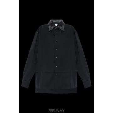 26FW 보테가베네타 Light 울 twill 셔츠 with braided 레더 collar, 블랙 A002