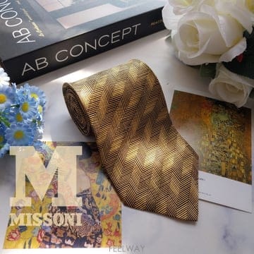 MISSONI 미쏘니 실크 골드 헤링본 패턴 넥타이 9.7cm S~A+등급 K3356
