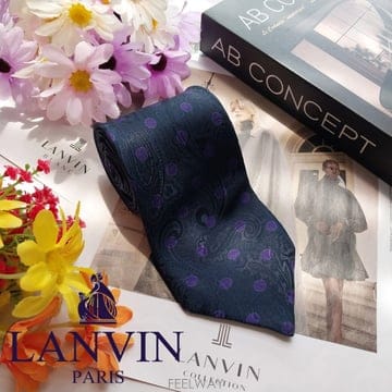 LANVIN 랑방 실크 네이비 페이즐리 도트 자카드 넥타이 9.3cm A+등급 K3309