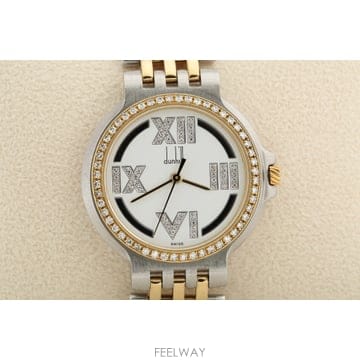던힐 Dunhill 엘리트 화이트 다이얼 다이아 인덱스 18K 골드 콤비 쿼츠 시계 Ref. W132714