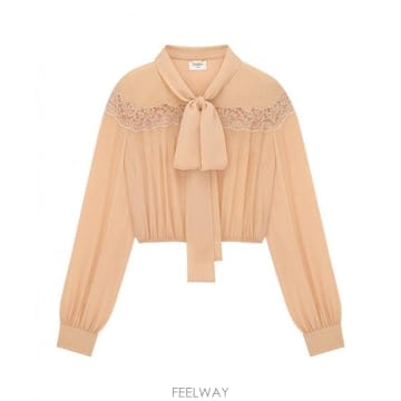 Saint Laurent 26SS ���ζ� CAMICIA LAVALLIERE IN GEORGETTE DI SETA E PIZZO 85326SS ���ζ� CAMICIA LAVALLIERE IN GEORGETTE DI SETA E 