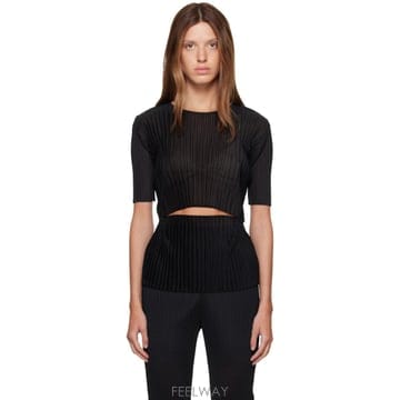 Issey Miyake 블랙 시스루 스플릿 플리츠 탑 IM68FJ136 TP876868509