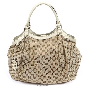 Gucci(구찌) 211943 GG로고 자가드 화이트 레더 수키 라지 토트백