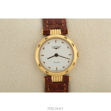 론진 Longines 화이트 다이얼 반달 인덱스 베젤 여성용 쿼츠 시계 Ref. 6874