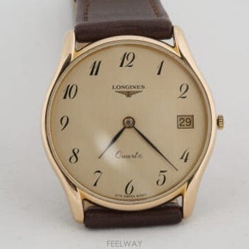 론진 Longines 골드 다이얼 아라비아 인덱스 쿼츠 시계 Cal.974