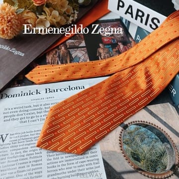 ERMENEGILDO ZEGNA 에르메네질도 제냐 실크 오렌지 기하 자카드 넥타이 8.7cm 새상품E1928