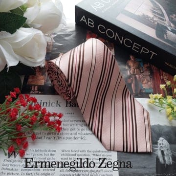 ERMENEGILDO ZEGNA 에르메네질도 제냐 실크 핑크 스트라이프 도트 넥타이 9cm 새상품 K3526