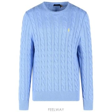 26SS 폴로 랄프로렌 로고 자수 케이블 니트 스웨터 710775885535 Light Blue