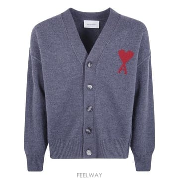 26FW 아미 하트 로고 인타르시아 V넥 가디건 UKC367 018 084 HEATHER GREY RED