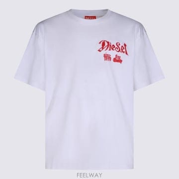 디젤 화이트 코튼 FLOCK 티셔츠