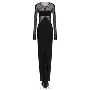 26FW 릭오웬스 블랙 롱 드레스 with 보트 넥라인 앤 geometric seams in 울 for wo