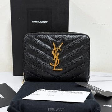 생로랑 모노그램 컴팩트 지퍼 3단 반지갑 블랙 (403723)