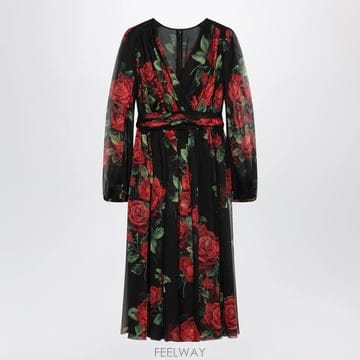 26 F/W 돌체 앤 가바나 블랙 드레스 WITH 로즈 프린트 인 실 B0052288282