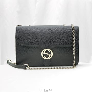 중고명품건대점 / Gucci(구찌) 510303 블랙 레더 인터로킹 GG 금장 체인 미디움 숄더