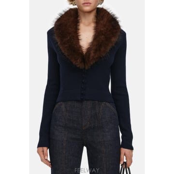 [G95]셀프포트레이트 AW26148CANNAVY 여성 니트 풀오버 스웨터 가디건 NAVY FAUX FUR 