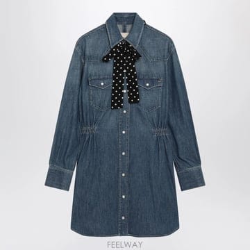 26 F/W 발렌티노 미디엄 블루 데님 드레스 WITH 폴카도트 스카 B0052293041