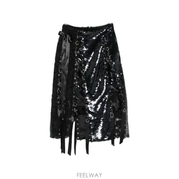 시몬 로샤 sequin embellished lace patchwork midi skirt 122194456