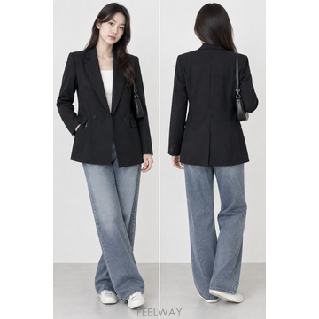 데스켄스 띠어리 여성 블랙 롱 더블 블레이저 자켓 0