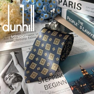 DUNHILL 던힐 실크 네이비 골드 기하 패턴 넥타이 9cm A등급 E2039