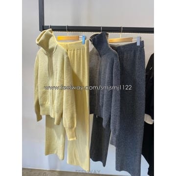 여자 가을 겨울 부드러운 니트 집업 트레이닝복 세트 집업 밴딩바지 F