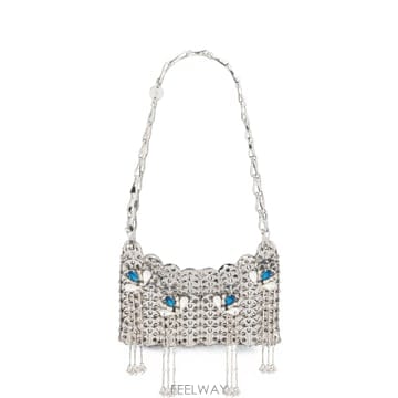 라반 1969 Nano silver bag with blue and silver signature jewel