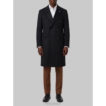 26FW 딸리아또레 블랙 코트 with Notched Revers 앤 더블 브레스티드 클로저 in 울 for