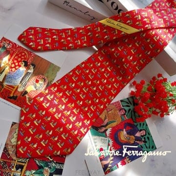 SALVATORE FERRAGAMO 페라가모 레드 애니멀 요트 모티브 넥타이 9.7cm A+~A등급k3663