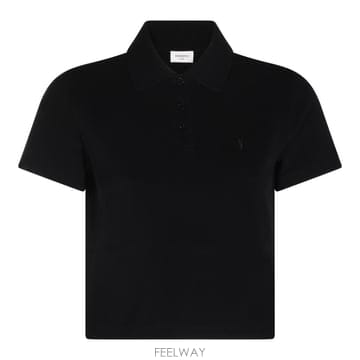[B47]생로랑 A003I4Y38EK1000 여성 폴로티셔츠 폴로티 BLACK COTTON CROPPED P