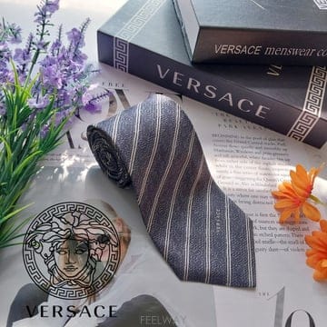 VERSACE 베르사체 실크 그레이 페이즐리 자수 패턴 넥타이 8.4cm S~A+등급 k3718