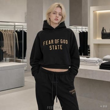 피어오브갓 에센셜 헤비 플리스 스테이트 크롭 후드티 블랙