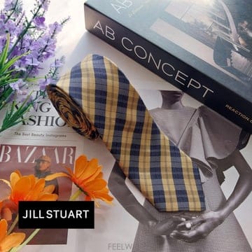 JILL STUART 질 스튜어트 베이지 네이비 체크 스트라이프 넥타이 6.4cm 초슬림S~A+등급K3684