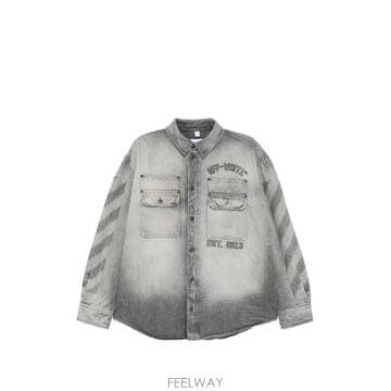 당일배송 오프화이트 사선 프린트 자수 데님 밀리터리 재킷