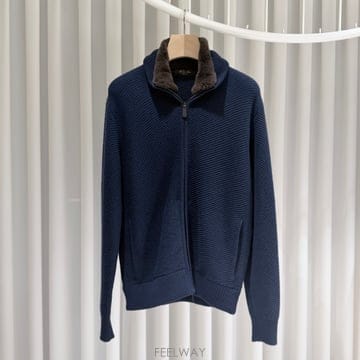 (S급/48) / 로로피아나 넥 시어링 캐시미어 블루종 집업 니트 자켓