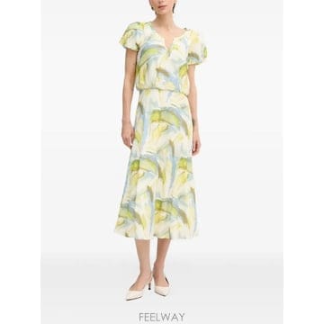 26 FW 디케이앤와이 V넥 퍼프 소매 미디 드레스 P6BB7EEU TP457670543