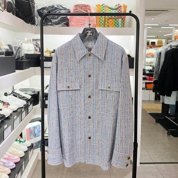 [국내] 정품/두배보상/샤넬 옥스퍼드 블루 코튼 실크 트위드 롱슬리브 셔츠 자켓 남성