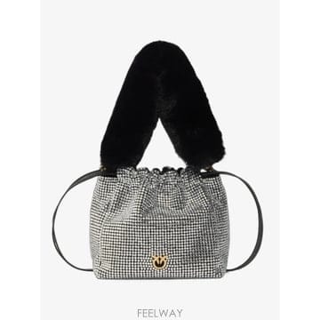 PINKO 26 FW PINKO fully rhinestoned shoulder bucket bag with fur e26 FW PINKO fully rhinestoned shoulder bucket bag with