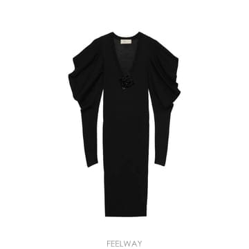 26 FW 블루마린 브로치 디테일 퍼프 소매 미디 드레스 RF6140 TP459265566