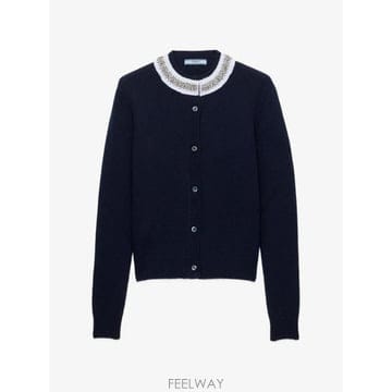 프라다 크리스털 장식 러플 칼라 가디건