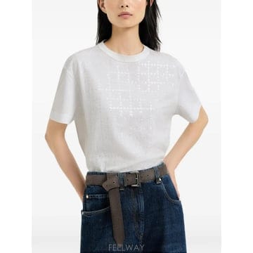 브루넬로 쿠치넬리 코튼 다즐링 윈도페인 자수 저지 티셔츠 화이트