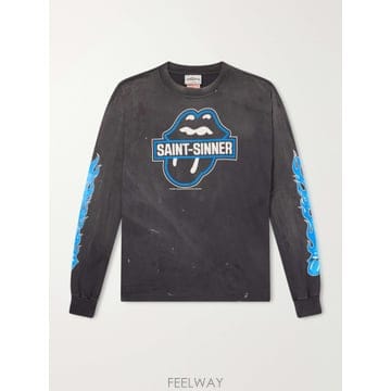 26 FW SAINT MXXXXXX 블랙 더 롤링 스톤즈 불꽃 프린트 빈티지 워싱 코튼 저지 티셔츠 TP58