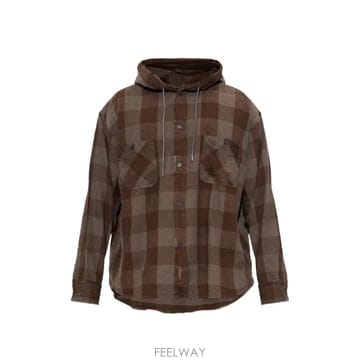 당일배송 디젤 체크 플란넬 디스트레스드 후드 셔츠